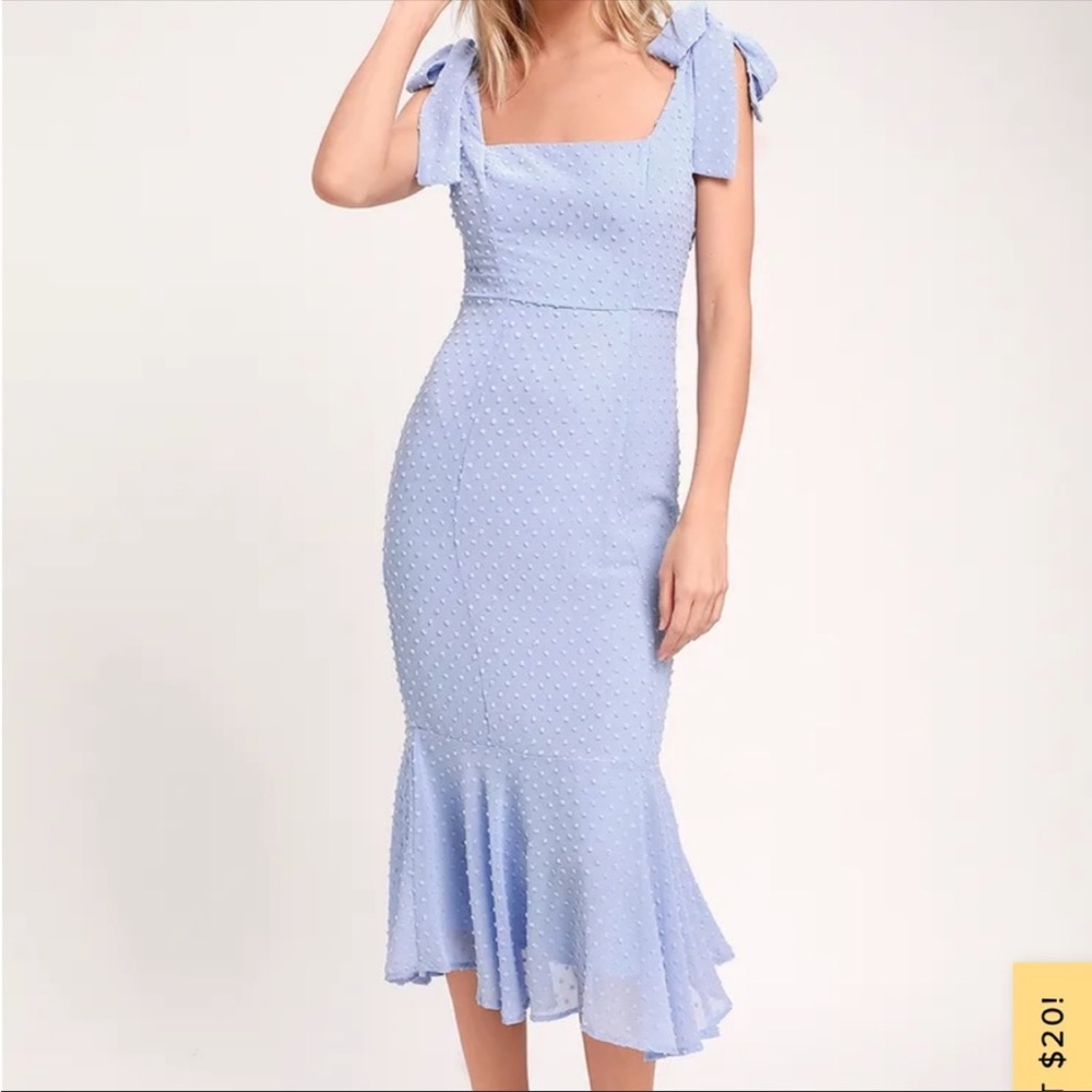 Lulu’s Size M Blue Swiss Dot Midi Dress- Bimini Periwinkle Blue Swiss Dot